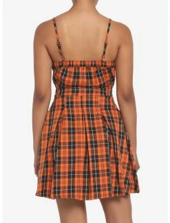 HUNIVERS Black & Orange Plaid Pleated Lace-Up Dress -transcendentactive shop 17944425 av2