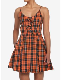 HUNIVERS Black & Orange Plaid Pleated Lace-Up Dress