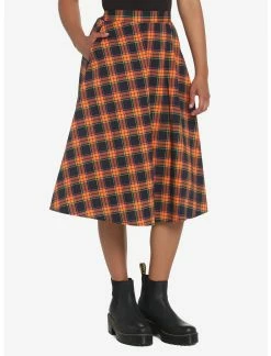 HUNIVERS Orange & Black Plaid Retro Midi Skirt