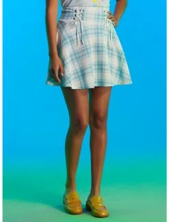 HUNIVERS Blue & White Plaid Double Lace-Up Skirt