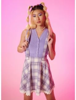 HUNIVERS Pink & Purple Plaid Lace Suspender Skirt