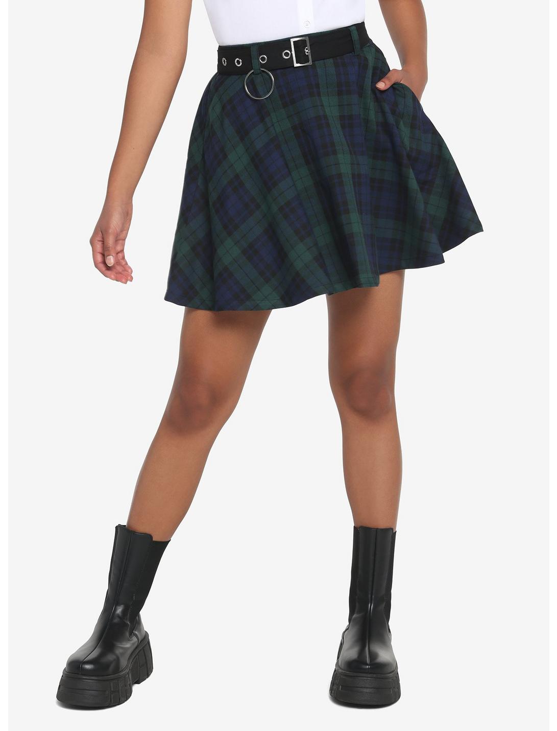 Green & Blue Plaid Skirt With Grommet Belt HUNIVERS Green & Blue Plaid Skirt With Grommet Belt -transcendentactive shop 18568426 hi
