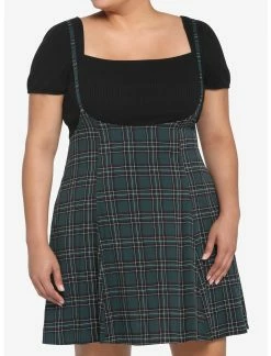 HUNIVERS Green Plaid High-Waisted Suspender Skirt Plus Size