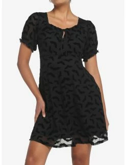 HUNIVERS Black Flocked Bats Babydoll Dress