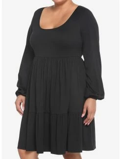 HUNIVERS Black Tiered Long-Sleeve Dress Plus Size