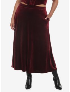 HUNIVERS Burgundy Velvet Maxi Skirt Plus Size