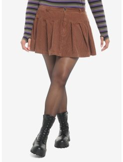 HUNIVERS Brown Corduroy Pleated Mini Skirt Plus Size