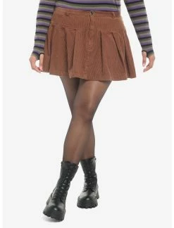 HUNIVERS Brown Corduroy Pleated Mini Skirt Plus Size