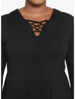 HUNIVERS Black Lace-Up Front Hooded Dress Plus Size -transcendentactive shop 18780555 av3