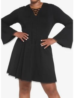 HUNIVERS Black Lace-Up Front Hooded Dress Plus Size -transcendentactive shop 18780555 av5