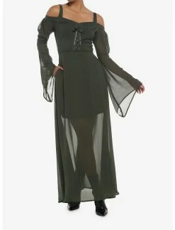 HUNIVERS Forest Green Chiffon Cold Shoulder Maxi Dress -transcendentactive shop 18780562 av1