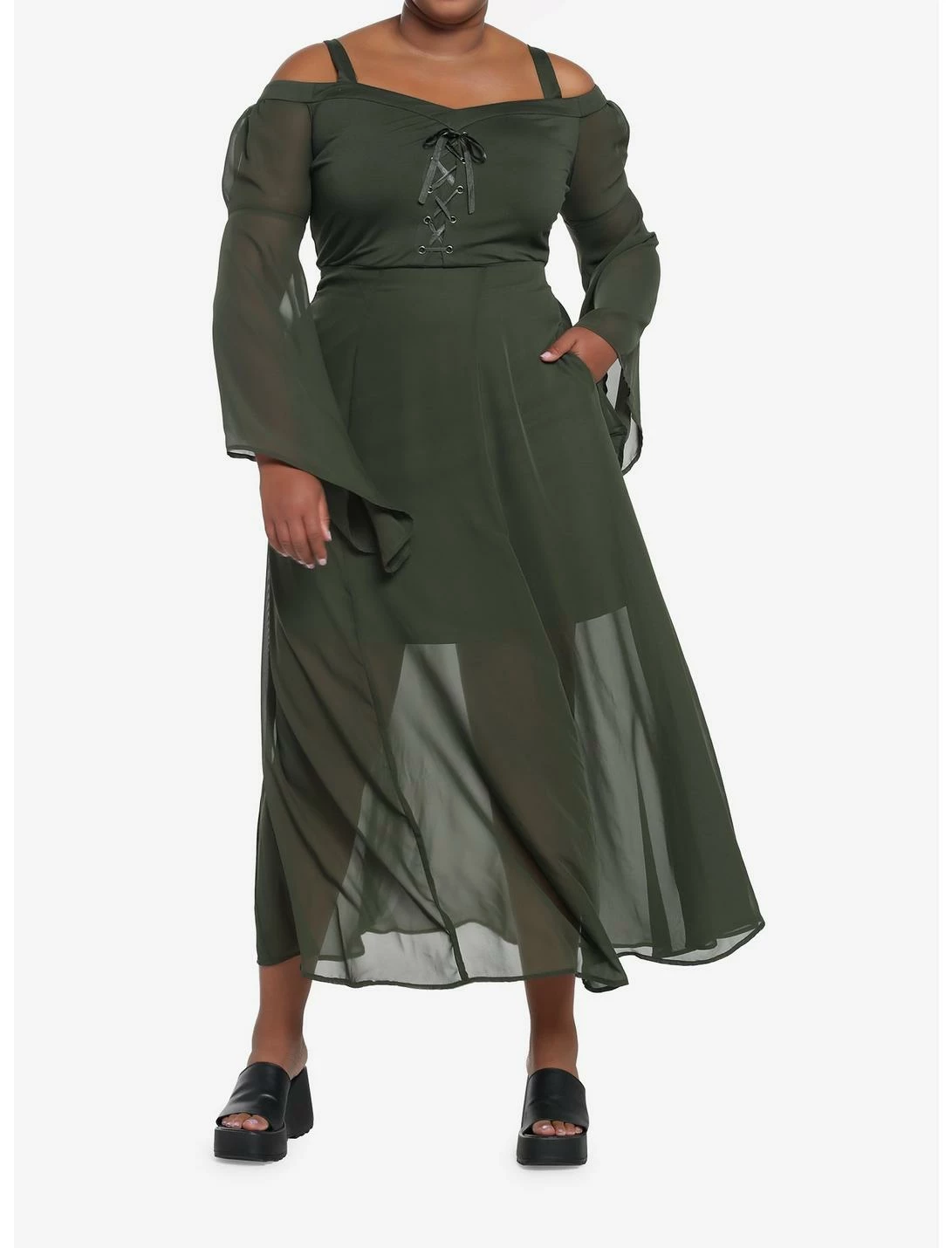 HUNIVERS Forest Green Chiffon Cold Shoulder Maxi Dress Plus Size 4 HUNIVERS Forest Green Chiffon Cold Shoulder Maxi Dress Plus Size - Image 2