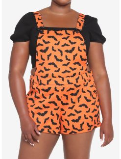 HUNIVERS Orange & Black Bat Shortalls Plus Size