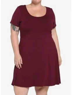 HUNIVERS Burgundy Skater Dress Plus Size