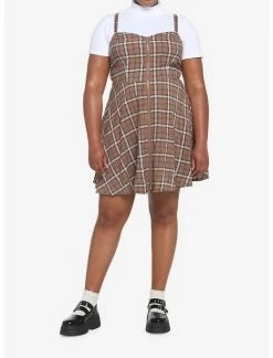 HUNIVERS Brown Plaid Twofer Dress Plus Size -transcendentactive shop 19001210 av1