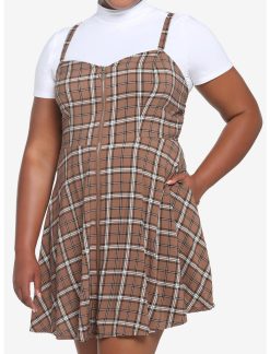 HUNIVERS Brown Plaid Twofer Dress Plus Size