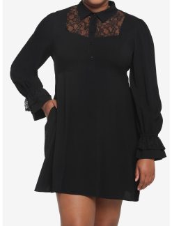 HUNIVERS Black Lace Collared Dress Plus Size