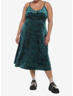 HUNIVERS Green Velvet Midi Slip Dress Plus Size