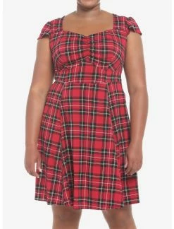 HUNIVERS Red Plaid Retro Sweetheart Dress Plus Size