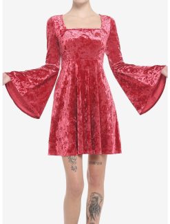 Null Red Crushed Velvet Bell Sleeve Mini Dress