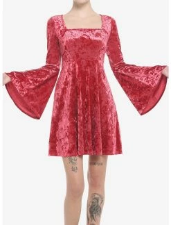 Null Red Crushed Velvet Bell Sleeve Mini Dress