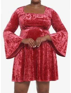 Null Red Crushed Velvet Bell Sleeve Mini Dress Plus Size