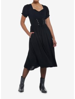 Null Black Puff Sleeve Corset Midi Dress
