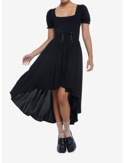 Null Black Babydoll Lace-Up Midi Dress