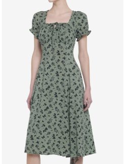 Null Green Butterfly Mushroom Empire Midi Dress
