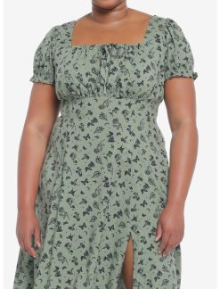 Null Green Butterfly Mushroom Empire Midi Dress Plus Size