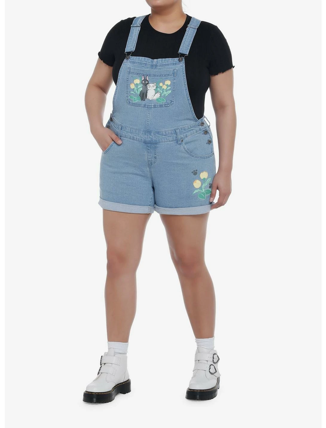 HUNIVERS Her Universe Studio Ghibli Kiki's Delivery Service Jiji & Lily Flower Shortalls Plus Size 4 HUNIVERS Her Universe Studio Ghibli Kiki's Delivery Service Jiji & Lily Flower Shortalls Plus Size - Image 2